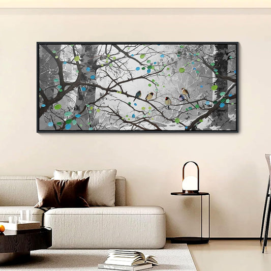 YCPRIMER Extra Large Grey Wall Art Bird on Branch Misty Forest Canvas Artwork Modern Framed Canvas Painting Decorative Home Decor Easy Be Hung Directly Dining Room Living Room Bedroom Office Size 70x31 Inches