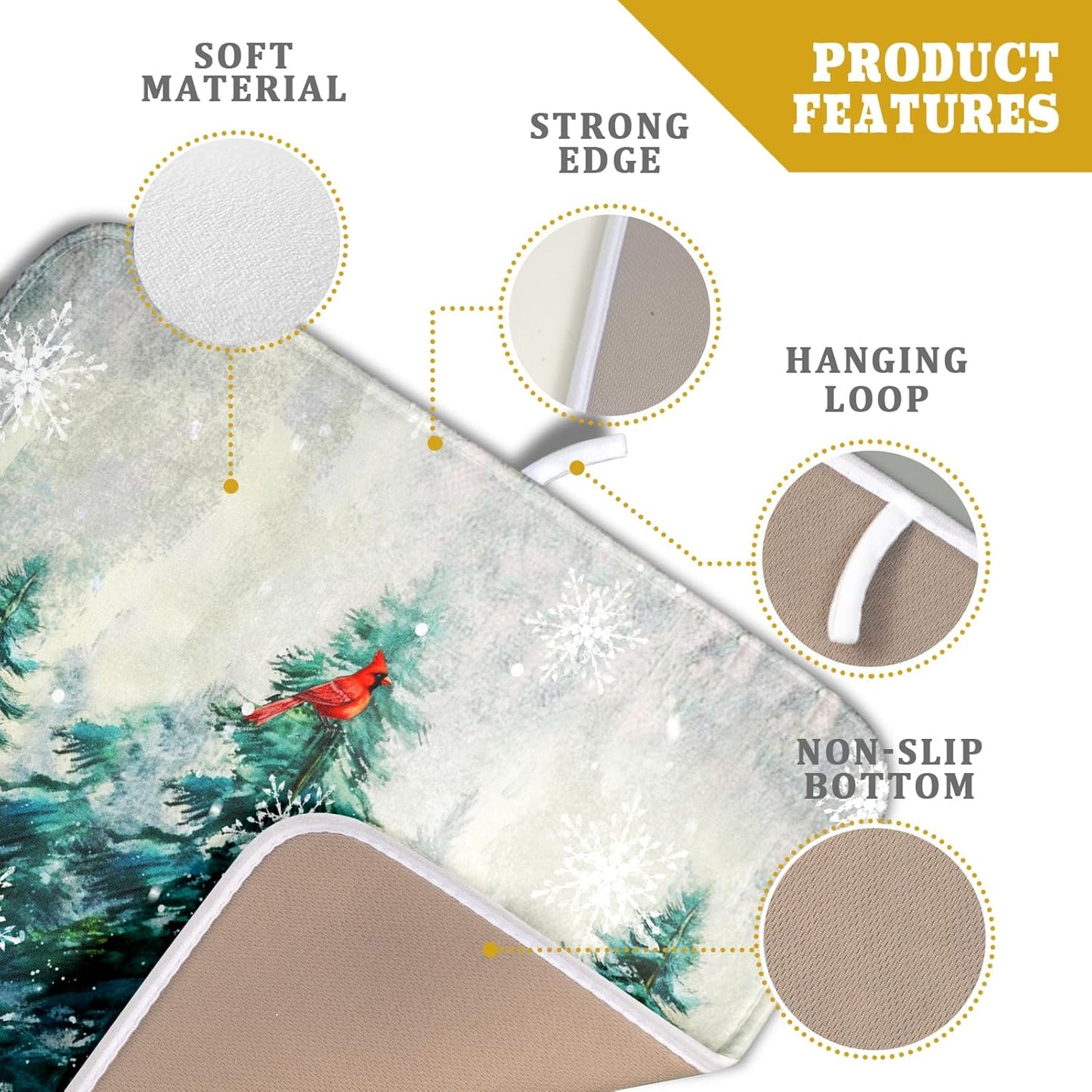 Pine Tree Dish Drying Mat for Kitchen Countertop Red Bird Dishes Mats Winter Decorative Absorbent Reversible Drainer Rack Pad 16x18 Inch