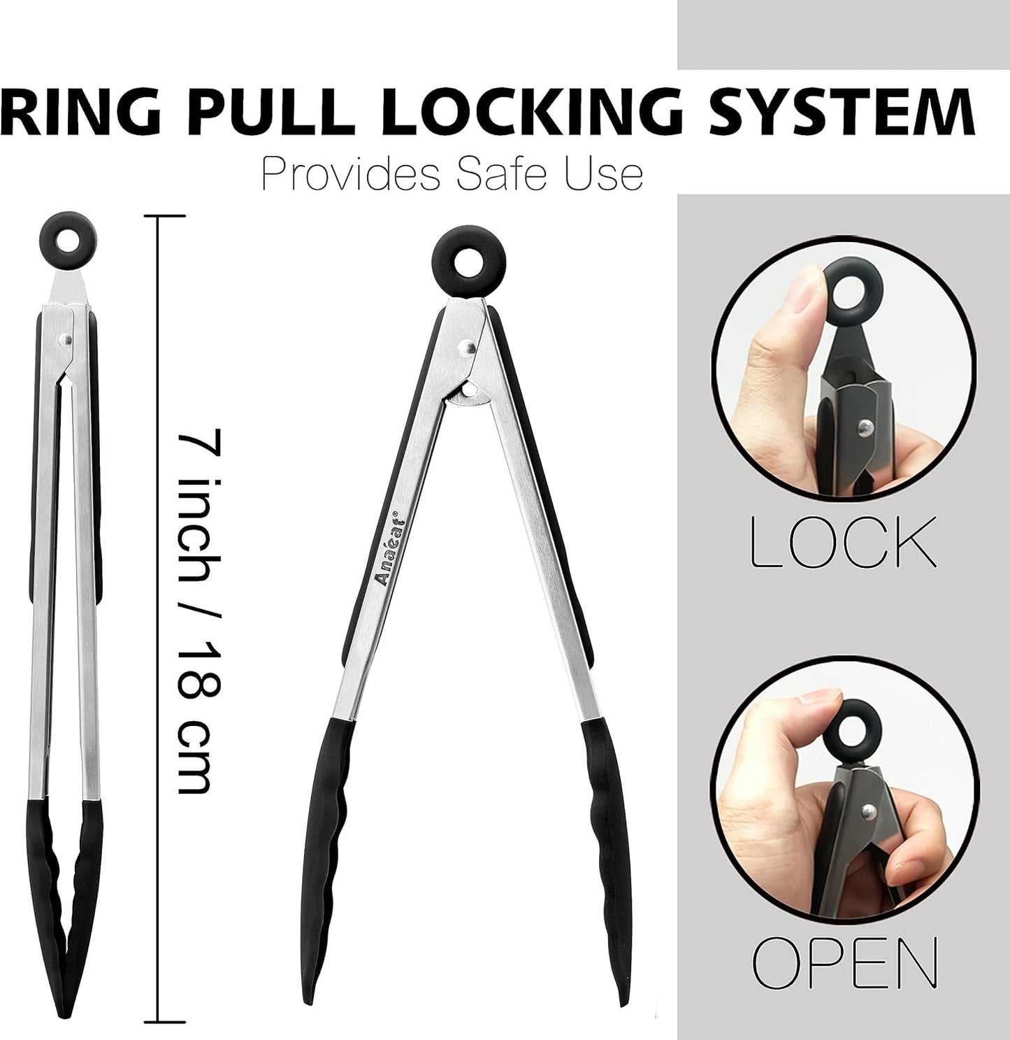 Anaeat 3 Pack 7" Mini Non-Stick Silicone Locking Tongs - Stainless Steel Kitchen Food Tong with Non-Slip Silicone Tips and Grip for Cooking, Baking and BBQ - Metal Tongs Heat Resistant up to 480°F