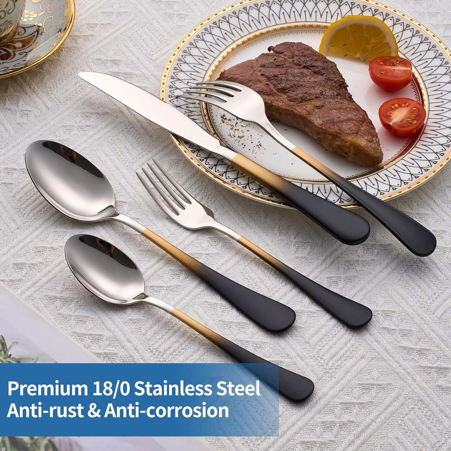 20-Piece Black Gold and Silverware Set, 18/0 Stainless Steel Colorful Handle Flatware Set,Service for 4,Modern Cutlery Set Includes Dinner Knives Forks Spoons,Mirror Polished,Dishwasher Safe