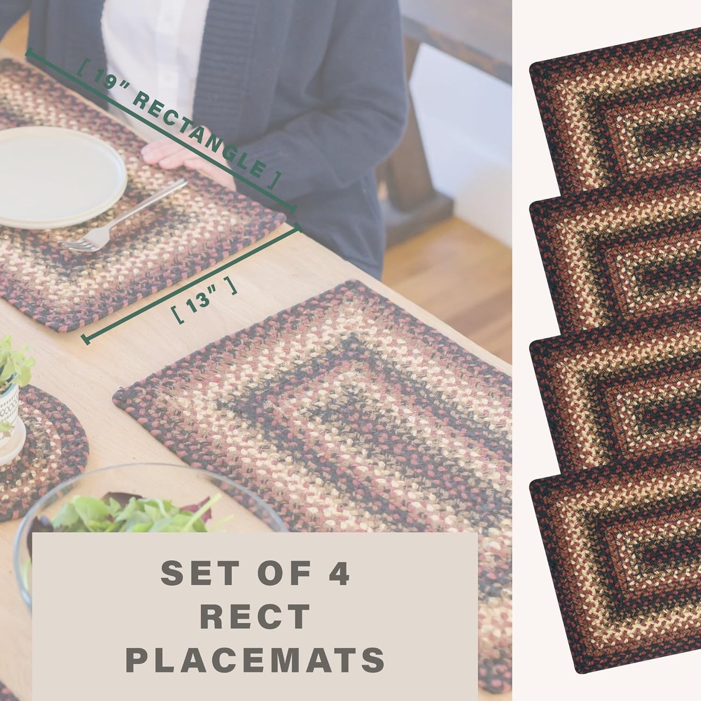 Homespice Prescott Jute Woven Placemats, Country Primitive Decor, Set of 4, Black and Red 13x19 Rectangle Table Mats - Vibrant Colors, Durable, Easy to Clean and Protects Furniture