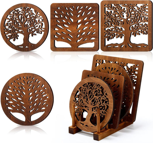 5 Pcs Life Tree Wooden Trivets with Storage Rack Hot Pads Trivets for Hot Dishes Pots and Pans Heat Resistant Mat Set Tea Pot Holders for Kitchen Dining Table(Dark Wood)