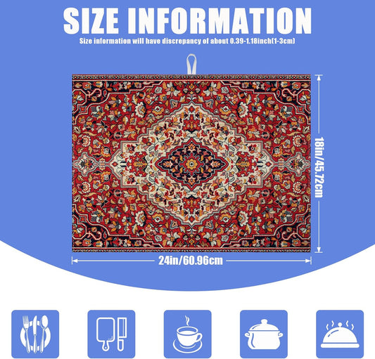 Boho Vintage Ethnic Dish Drying Mat for Kitchen Counter Persian Original Tribal Drying Pad Absorbent Dish Drainer Rack Mats Draining Pad