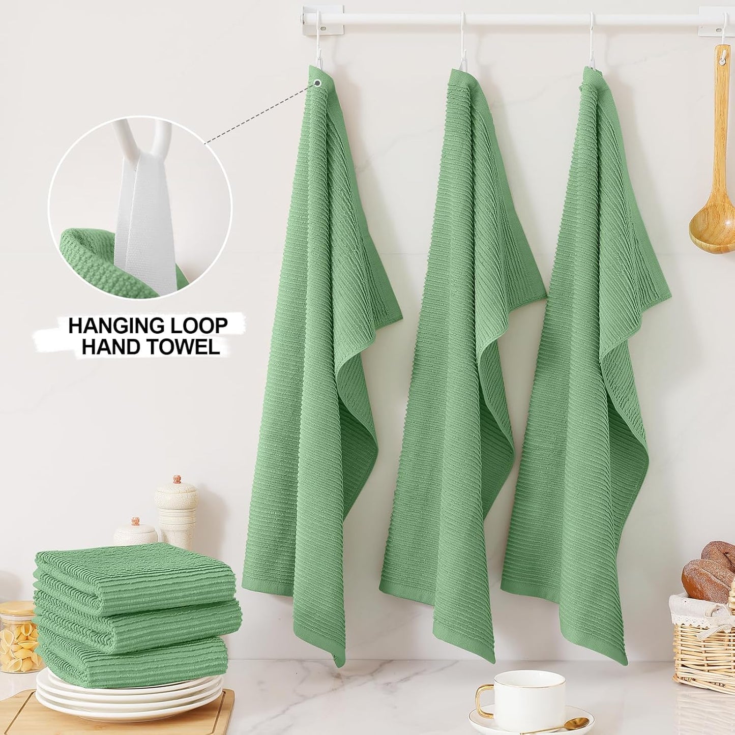 Homaxy Premium Kitchen Towels (18"x 28", 6 Pack), Large 100% Cotton Kitchen Hand Towels, Ultra Absorbent Ribbed Terry Tea Towels Set with Hanging Loop, Grass Green