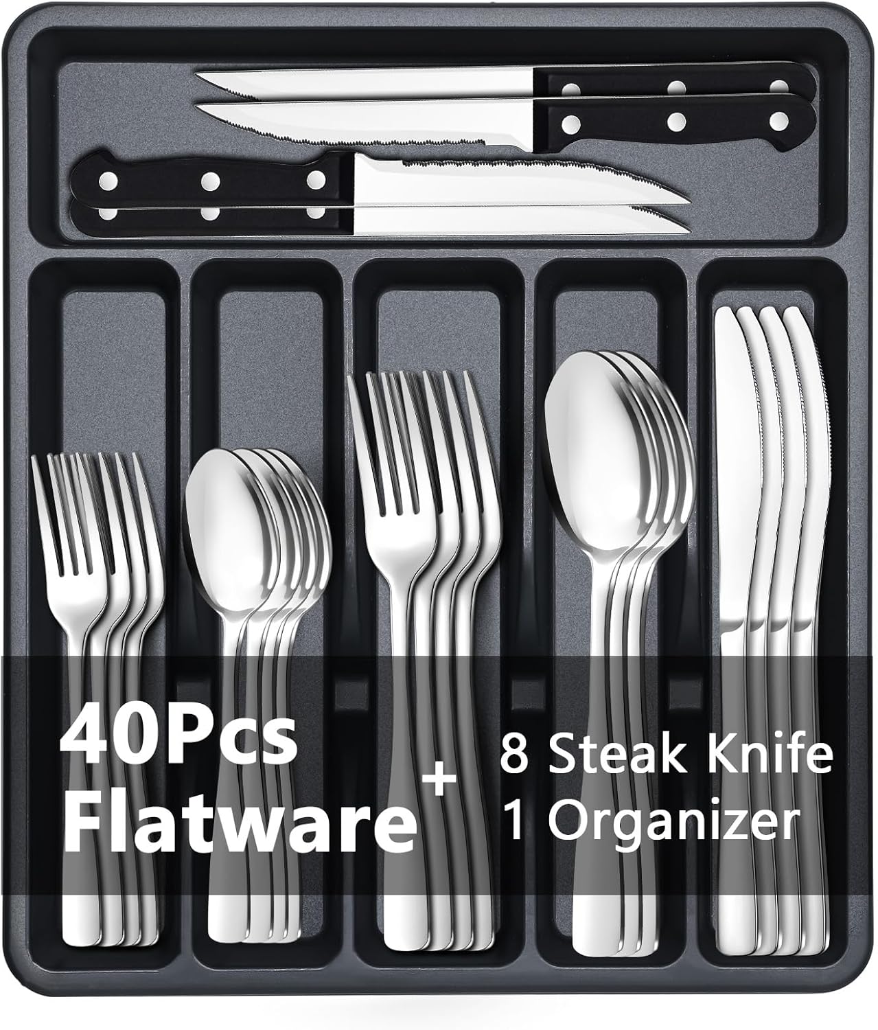 BEWOS 49-Piece Silverware Set with Organizer - Stainless Steel Silverware Set for 8 with Steak Knives and Drawer Organizer, Mirror Polished Flatware Set for Home and Restaurant, Dishwasher Safe