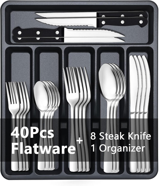 BEWOS 49-Piece Silverware Set with Organizer - Stainless Steel Silverware Set for 8 with Steak Knives and Drawer Organizer, Mirror Polished Flatware Set for Home and Restaurant, Dishwasher Safe
