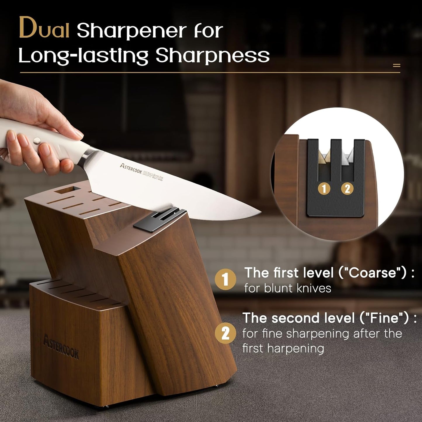 Astercook Knife Set Kitchen with Block and Dual Sharpener Full Tang 15 Pcs German Stainless Steel Knives Dishwasher Safe Kitchen Utensils Set with Anti-slip Ergonomic Handle, Elegant White