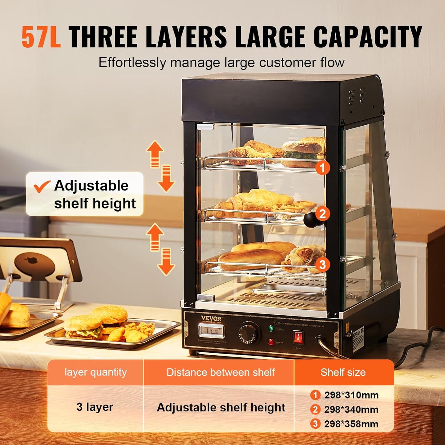 VEVOR 3-Tier Commercial Food Warmer Display, 1000W Food Display Warmer with Light, Adjustable Shelf and Temperature Display, 86℉~185℉ Steam Heating, 57L for Hamburger, Pizza, Bread, Fried Chicken