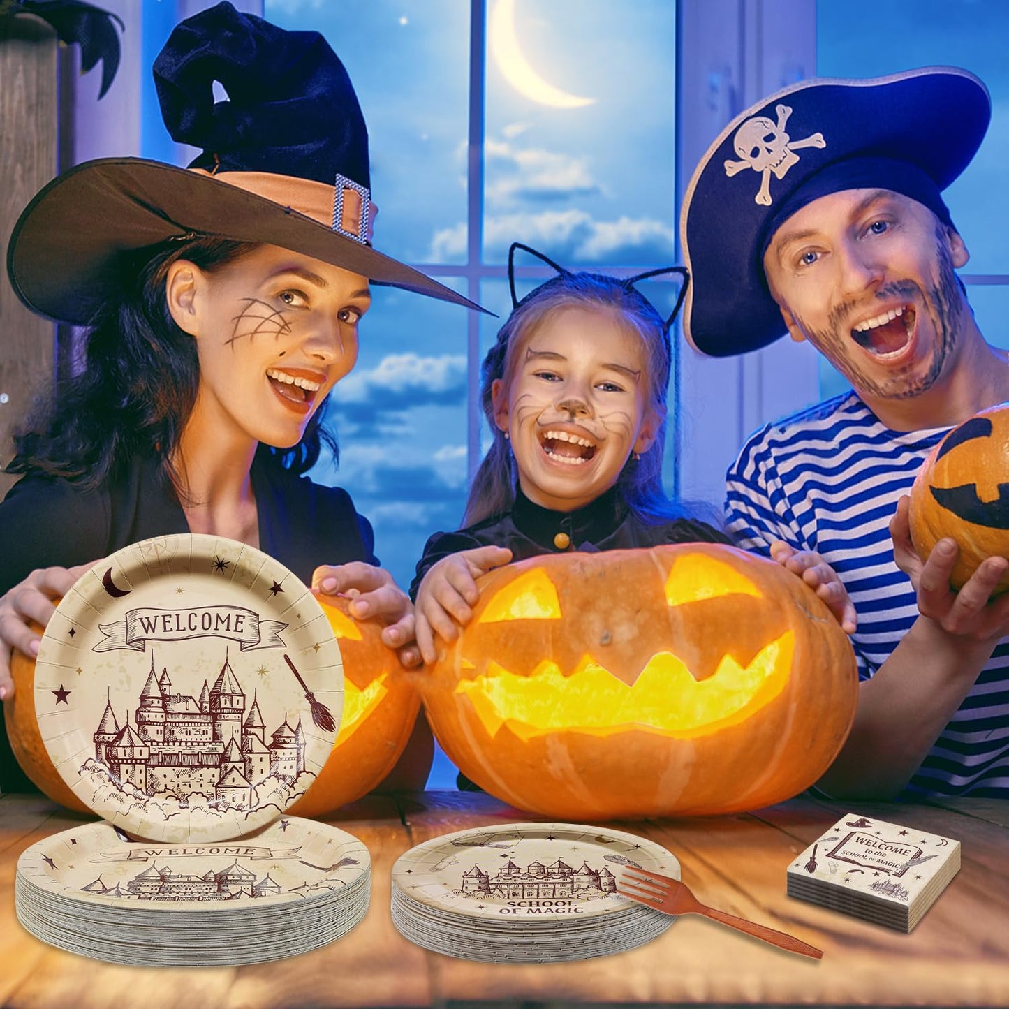 96 Pieces Wizard School Tableware Set – Magical Castle Disposable Dinnerware with Paper Plates, Napkins, Forks for Birthday, Halloween Events, Fantasy Celebrations for Kids Boys Girls Serves 24 Guests