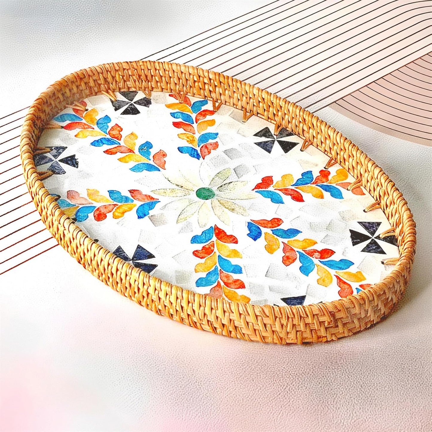 i-lan 3-Pack Oval Rattan Serving Trays with Mother of Pearl Inlay, 13/12/11 Inch Woven Platters for Home Decor, Coffee Table, Display, and Entertaining