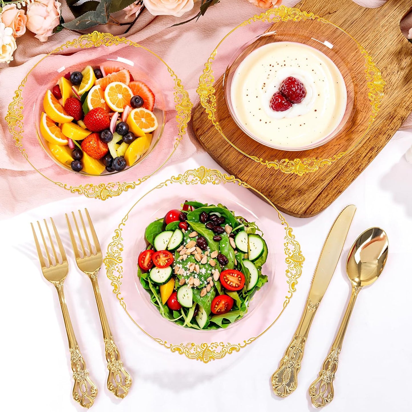 100PCS Clear Pink Plastic Bowls - 12 oz Pink Gold Disposable Salad Bowls - Heavy Duty Disposable Soup Bowl - Fancy Plastic Ice Cream Bowl for Weddings Parties Dinners Picnics