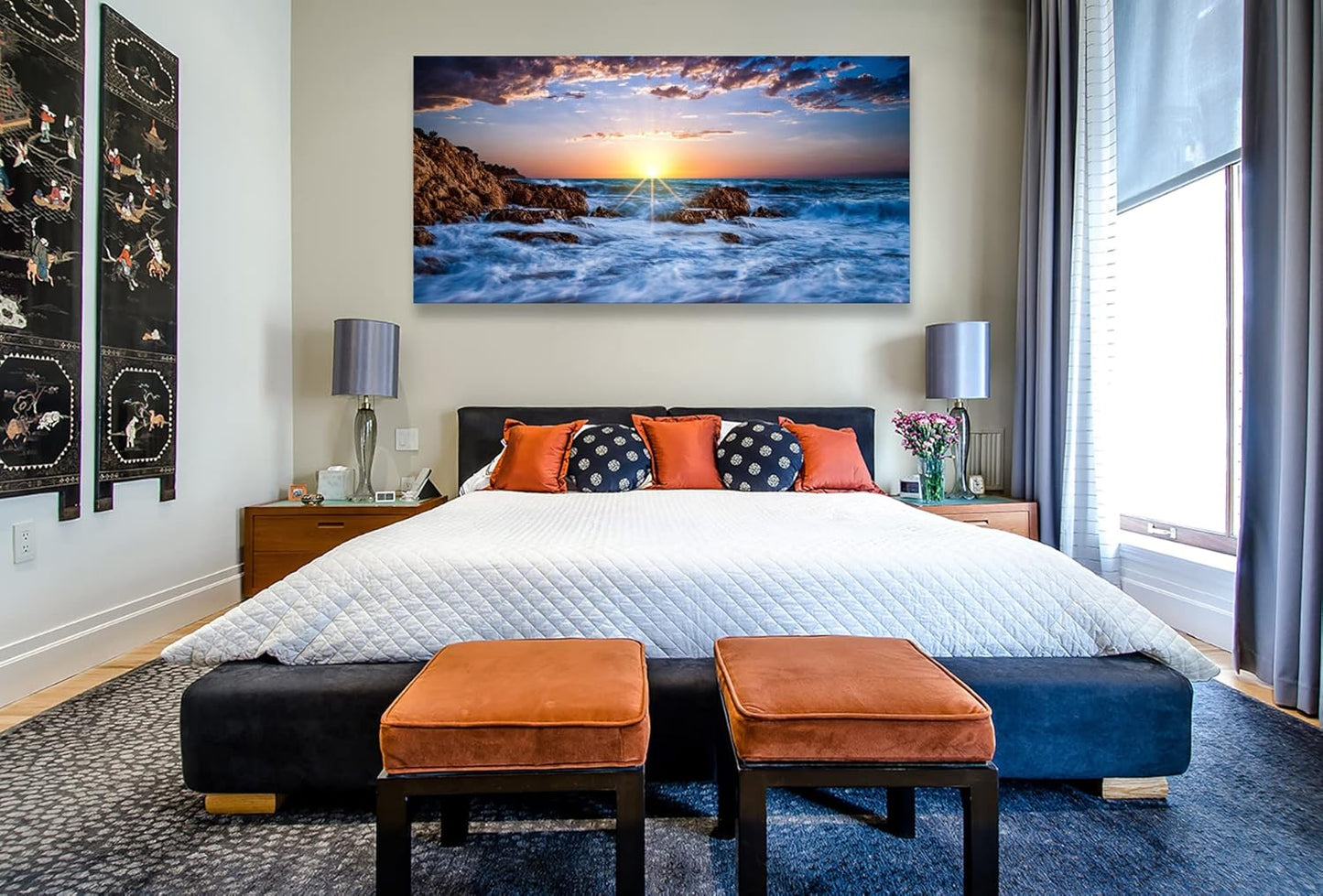 Muolunna S05875 Wall Art Decor Canvas Print Picture Sunset Blue Ocean 1 Panel Sea Waves Scenery Painting Artwork for Office Wall Decor Home Decoration Stretched and Framed Ready to Hang 30x60inch