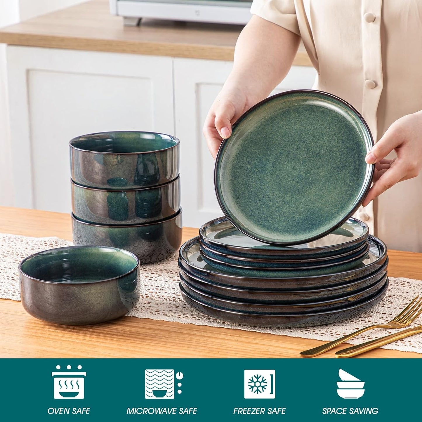vancasso Starry 12 Pieces Dinnerware Sets for 4, Green Reactive Glaze Dishes Sets, Ceramic Plates and Bowls Set, Dinner Salad Dessert Plates, and Cereal Bowls Set, Dishwasher and Microwave Safe