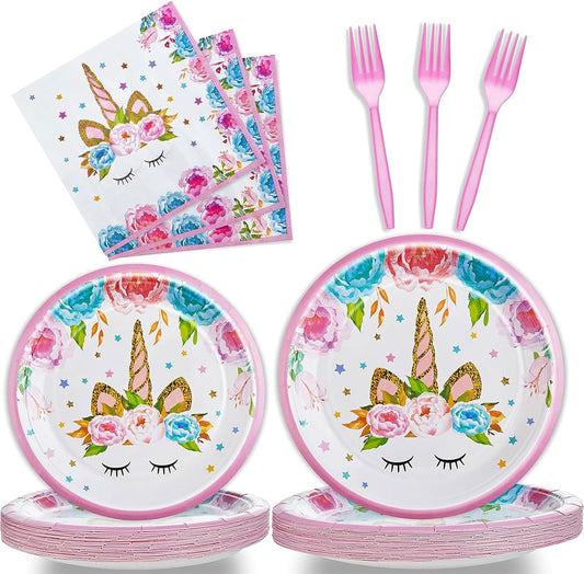 DTDO 96 Pcs Unicorn Party Plates and Napkins Set Include Magical Unicorn Paper Plate Napkins Black Forks, Disposable Hourse Themed Birthday Dinnerware for Girls Birthday Decorations, Serves 24