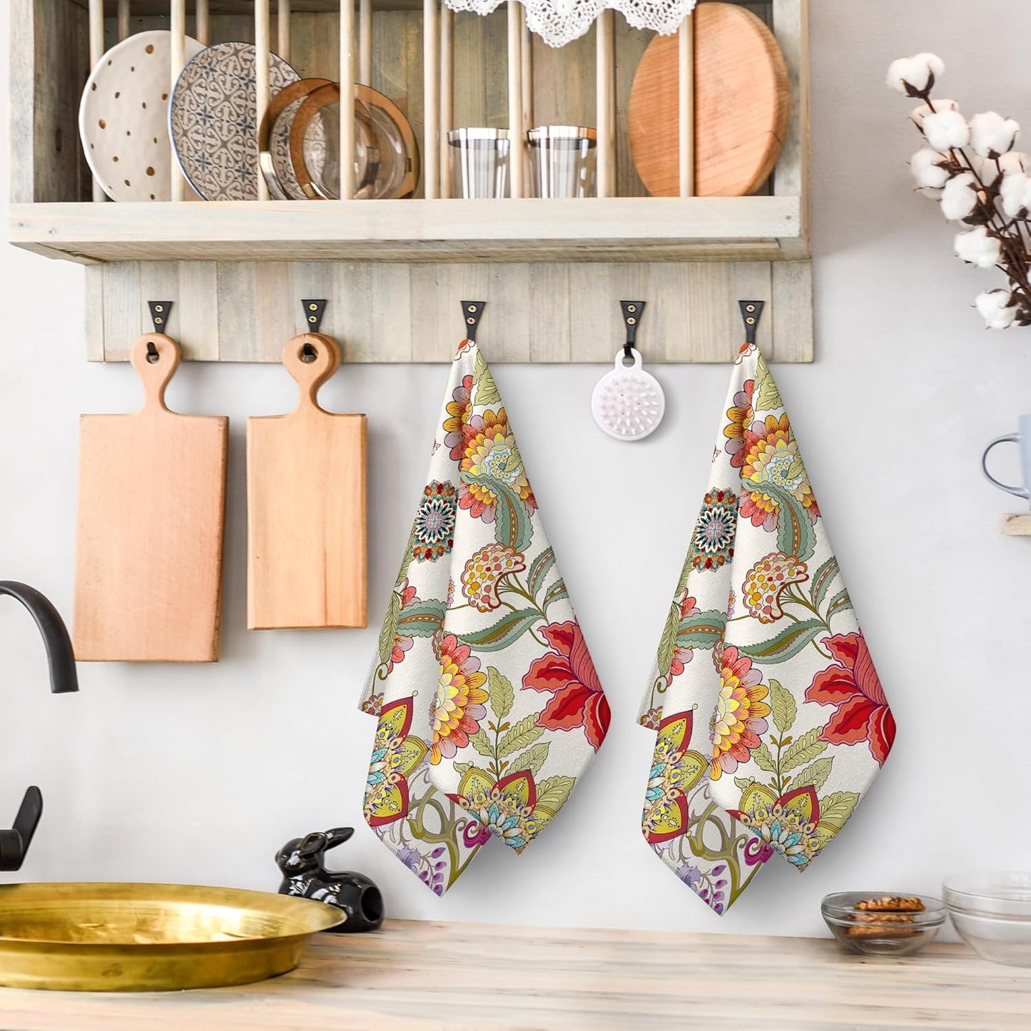 Cukemip Boho Floral Kitchen Towels Decorative Set of 2, Colorful Absorbent Hand Towels for Kitchen, Bar, Drying Decor, Housewarming Gifts