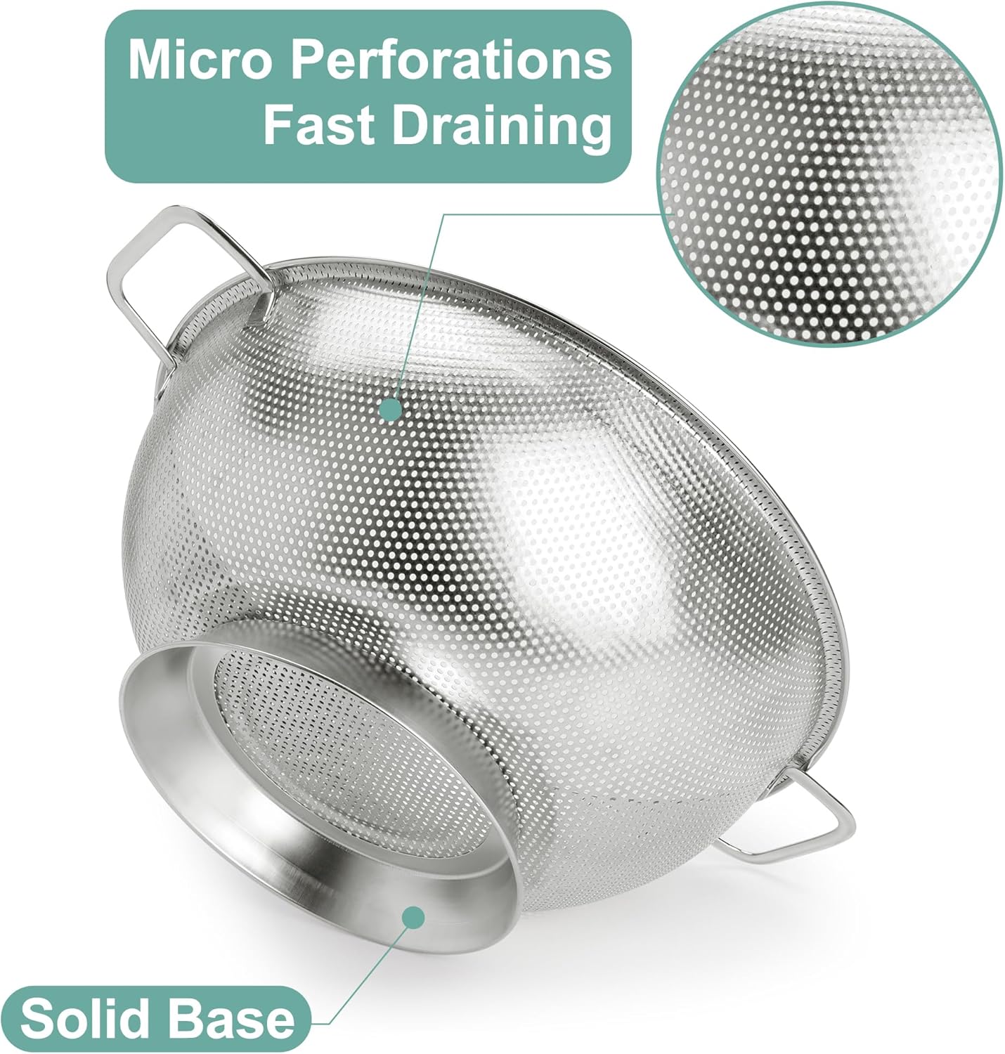 Kaishun Colander Stainless Steel Set(5-Quart and 3-Quart), Kitchen Strainer for Pasta, Fruits Vegetables, Dishwasher Safe