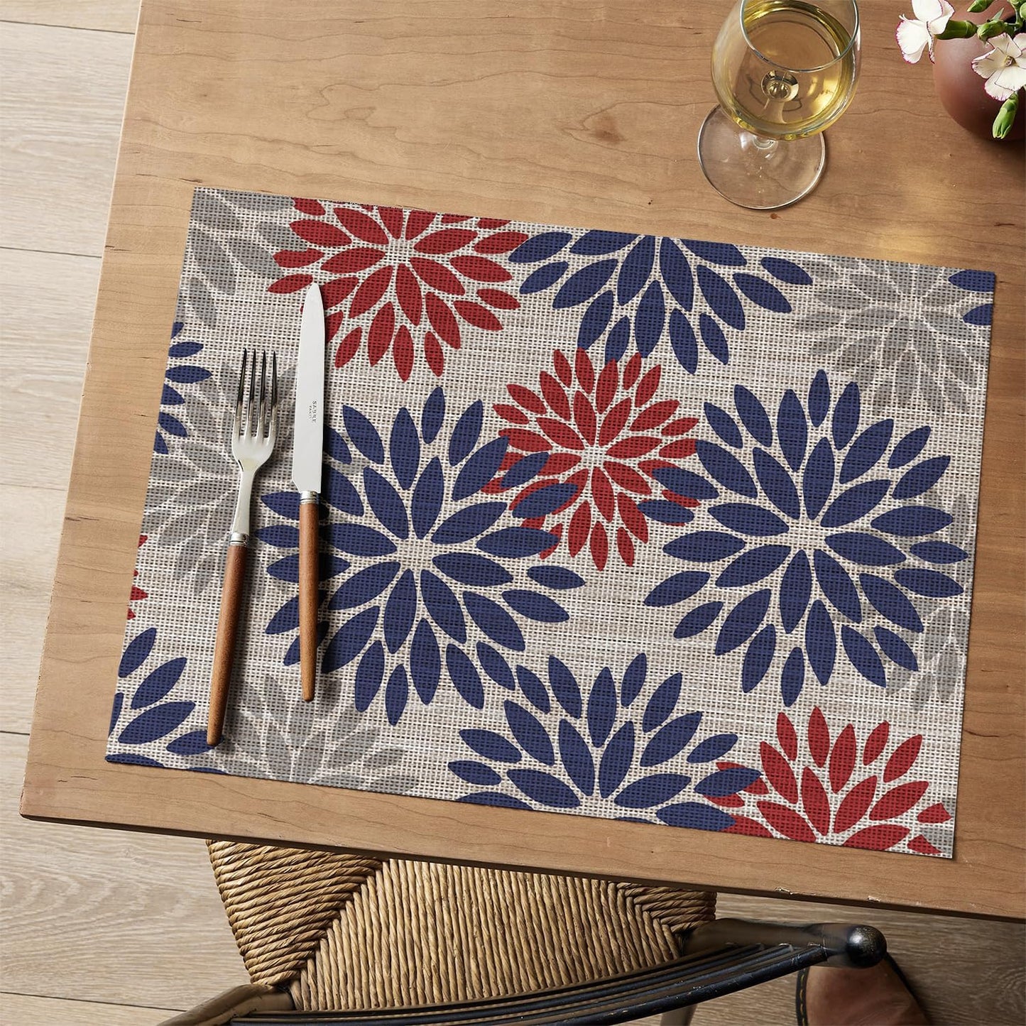 Artoid Mode Floral Vinyl Plastic Placemats Set of 4, 12x18 Inch 4th of July Patriotic Memorial Day Washable Non-Slip PVC Place Mats for Party Kitchen Dining Decor, Red Blue