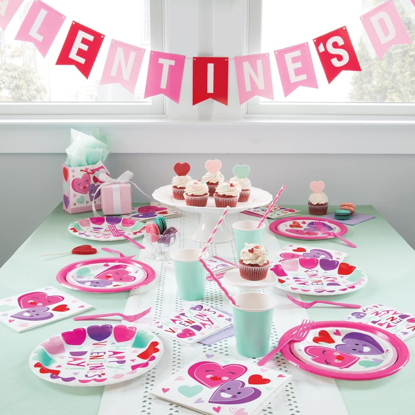 Valentines Day Heart Tableware for Kids, 25 Set Disposable Dinnerware Set - Paper Plates Napkins Cups, tablecloths Pink Plastic Forks Knives Spoons for kids school party