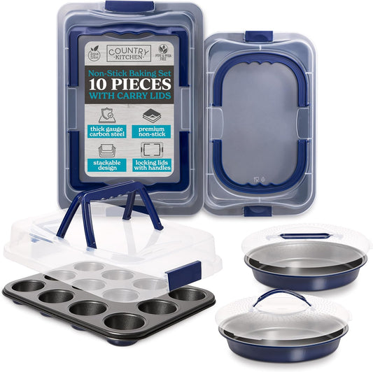 Country Kitchen Baking Pans Set - 10 Piece Non-Stick Cake Pans with Carry Lids for Easy Storage & Travel, Perfect for Parties - Stackable, Navy