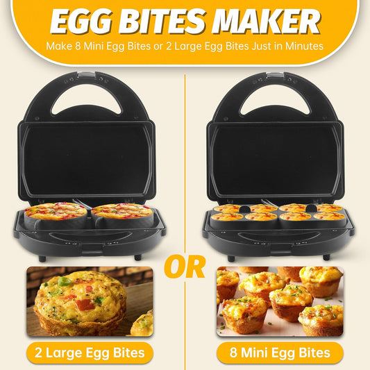 Sous Vide Style Egg Bite Maker Machine with 4 Silicone Molds, Grilled Cheese Maker, Mini Griddle, Ideal for Breakfast Sandwiches, Snacks, Desserts, 8 Mini Egg Bites & 2 Large Egg Bites