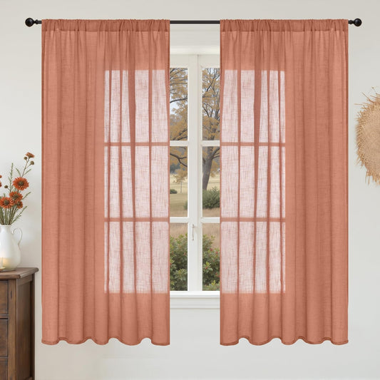 BGment Rust Terracotta Linen Curtains 63 Inches Long for Living Room, Burnt Orange Semi Sheer Window Drapes with Rod Pocket Lightweight for Bedroom, 2 Panels Set, Each 52 Inch Wide
