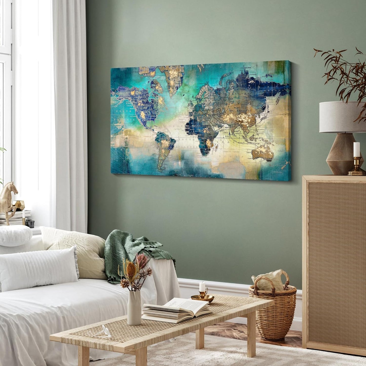 Large World Map Canvas Prints Wall Art for Living Room Office "24x48" Green World Map Picture Artwork Decor for Home Decoration