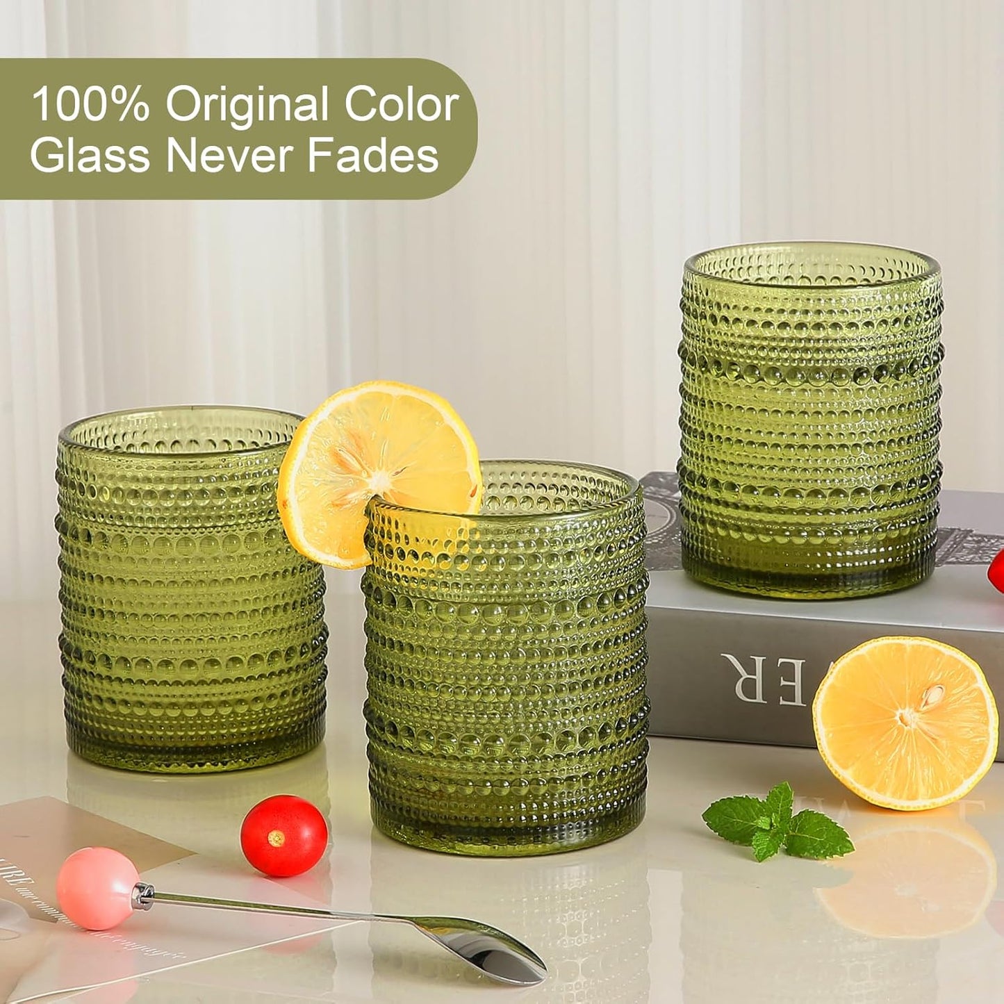 Vintage Glassware Drinking Glasses Set of 6,12 oz Hobnail Glass Cups,Embossed Green Water Tumbler,for Beer,Cocktail,Whiskey,Juice and Various Mixed Drinks- 1 Cleaning Brush