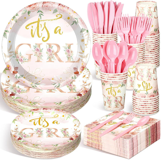 Dandat 350 Pcs Baby Shower Plates Set Baby Shower Party Supplies Serves 50 Tableware Sets Include Plates Napkin Cup Forks Knives Spoons Disposable Dinnerware(Floral,Pink)