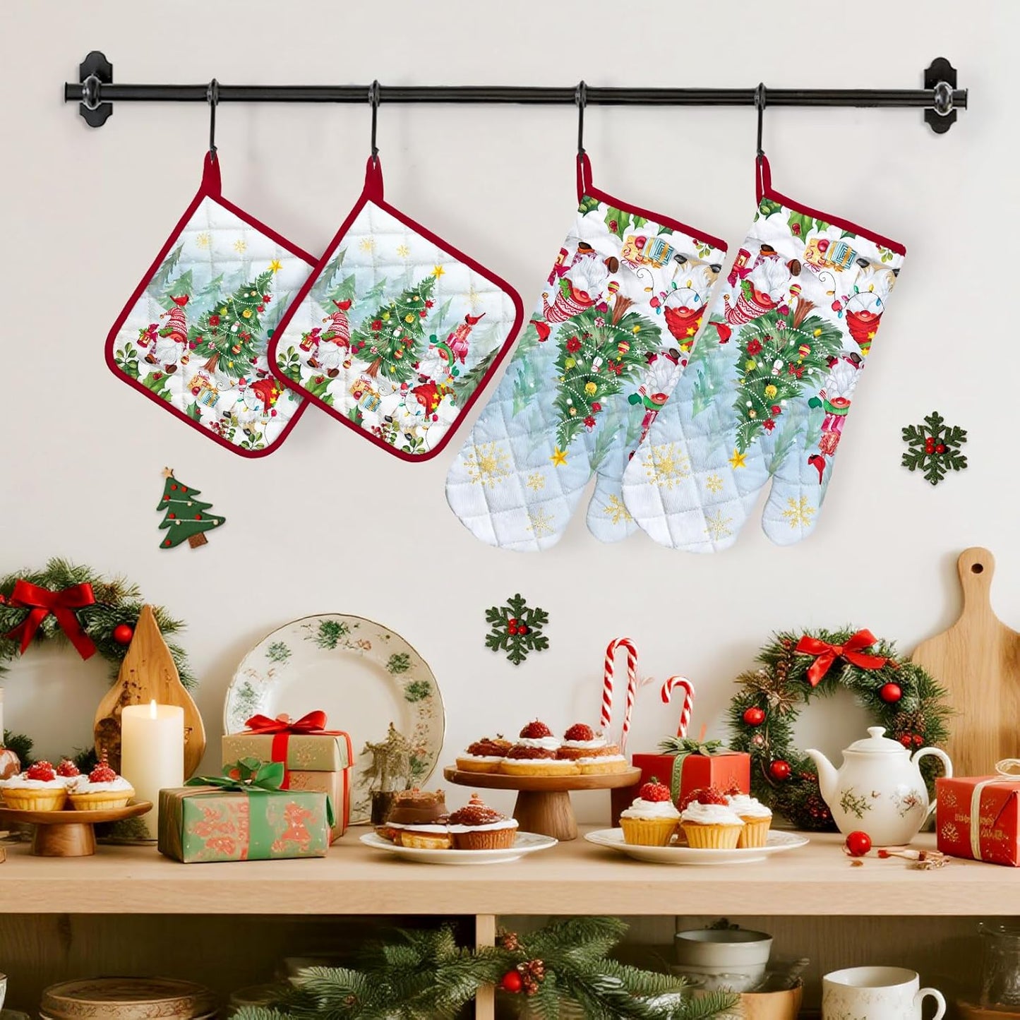 Christmas Winter Gnomes Oven Mitts and Pot Holders Sets 4Pcs, 100% Cotton Heat Resistant, Extra Long Oven Gloves Potholder for Kitchen Cooking Baking Decoration