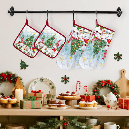 Christmas Winter Gnomes Oven Mitts and Pot Holders Sets 4Pcs, 100% Cotton Heat Resistant, Extra Long Oven Gloves Potholder for Kitchen Cooking Baking Decoration