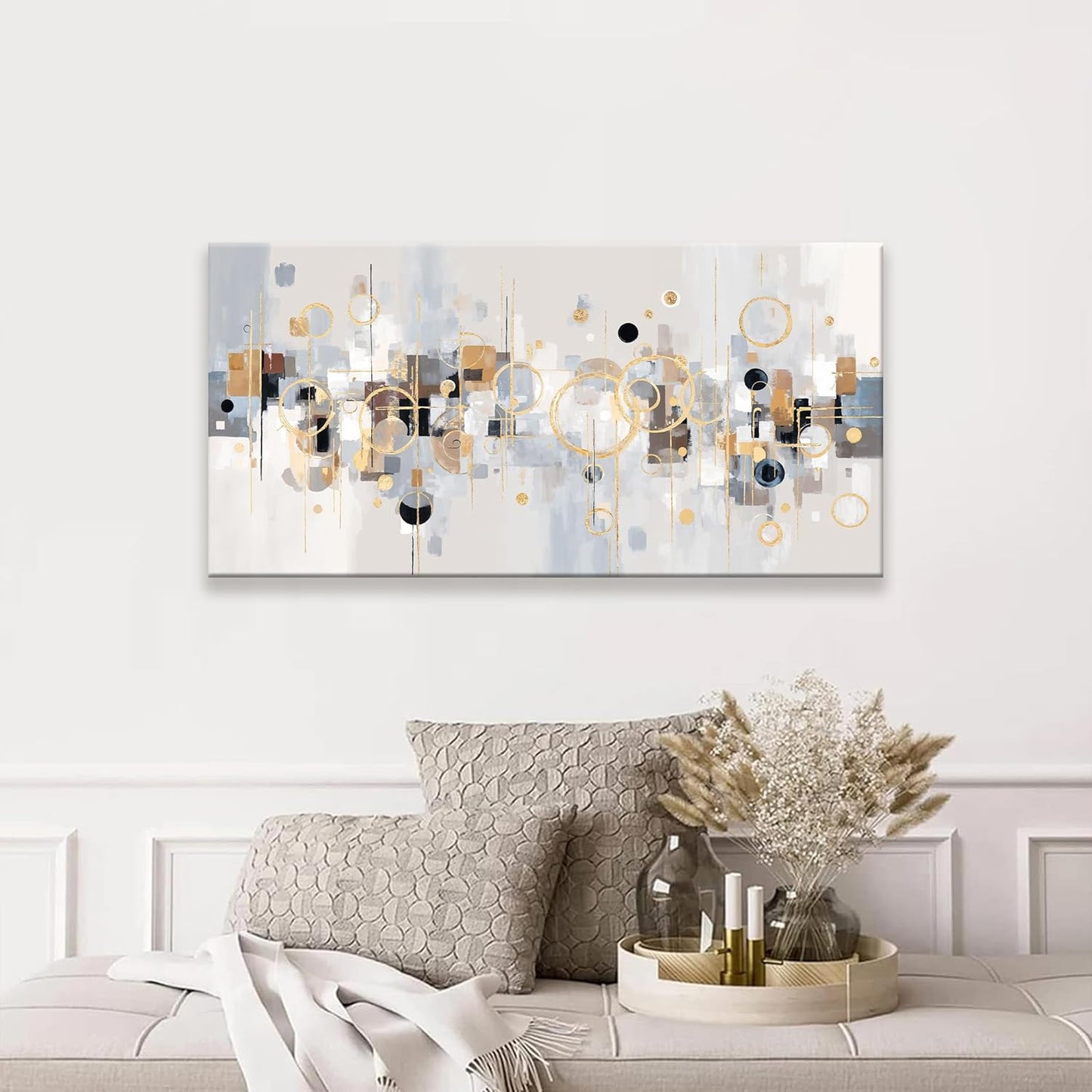 Abstract Wall Art Decor Modern Minimalist Circles Gold Grey Artwork Canvas Wall Art For Bedroom Living Room Kitchen Bathroom Apartment Home Wall Decor 20x40 Inch Ready To Hang