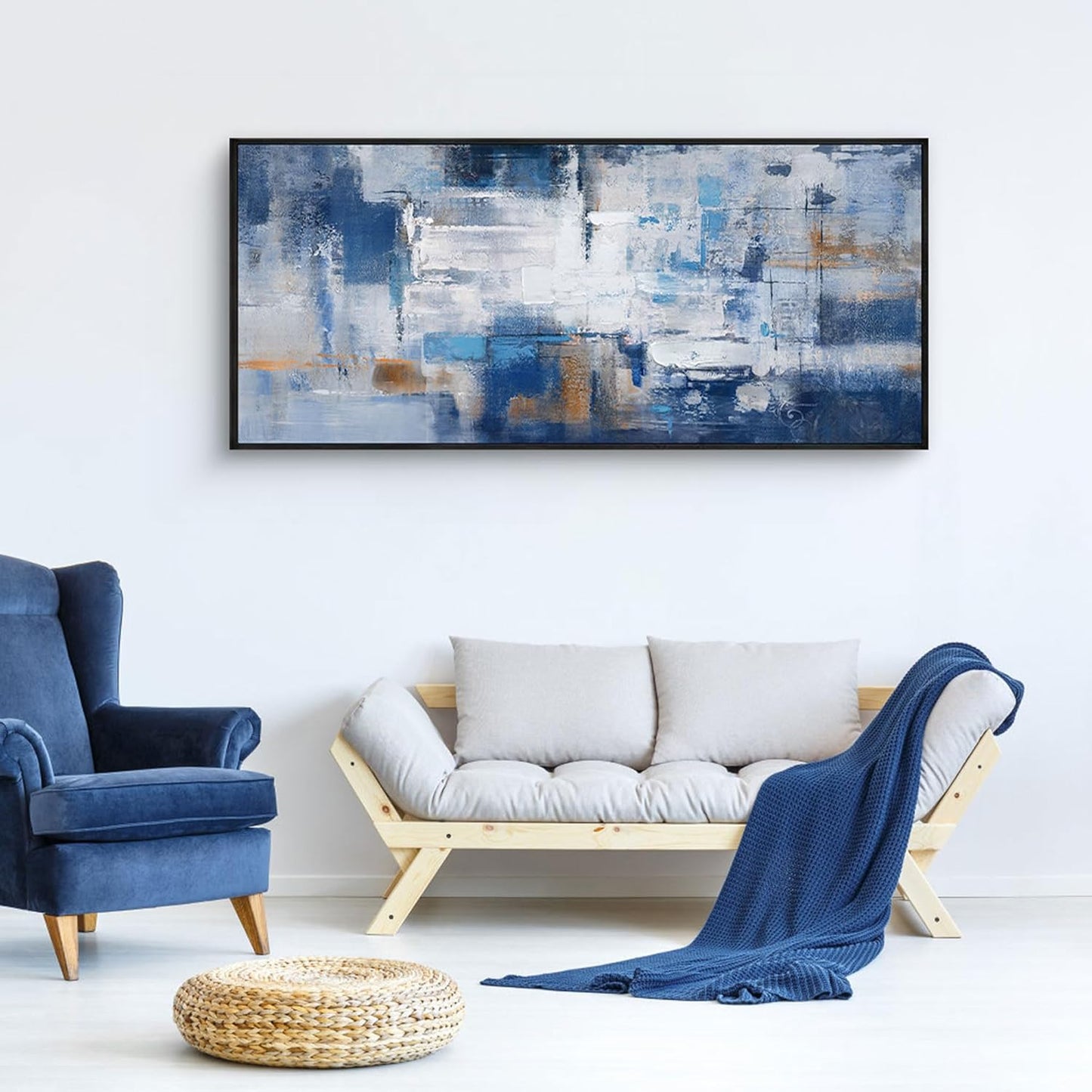 KLAKLA Living Room Wall Art - Navy Blue Abstract Large Paintings Artwork Picture Framed Canvas Bedroom Office Home Decoration Huge Art Work for Wall Decor - 70x31 Inches