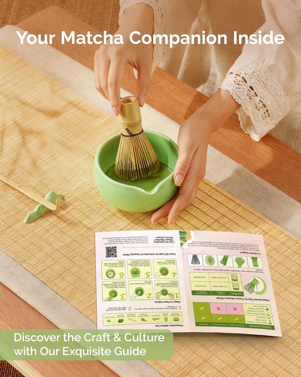 Maestri House 7 Pcs Matcha Whisk Set, Ceramic Tea Kit with Spouted Bowl, Whisk & Holder, Bamboo Scoop, Scoop Rest, Sifter & Cloth – Complete Japanese Tea Gift Set for Beginners & Tea Lovers (Green)