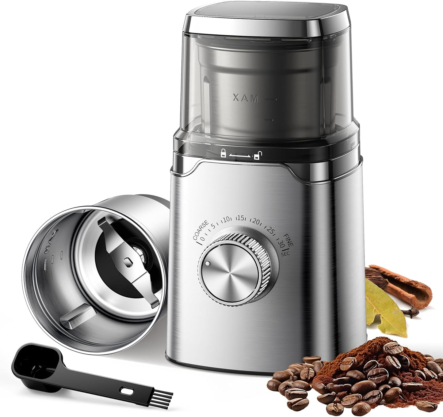 SHARDOR Electric Blade Coffee Grinder, Timed Grind Control Rotary Knob, All-stainless steel shell,Adjustable,for Coffee Beans, Spices & Herbs, with 1 Removable Stainless Steel Bowl,Sliver