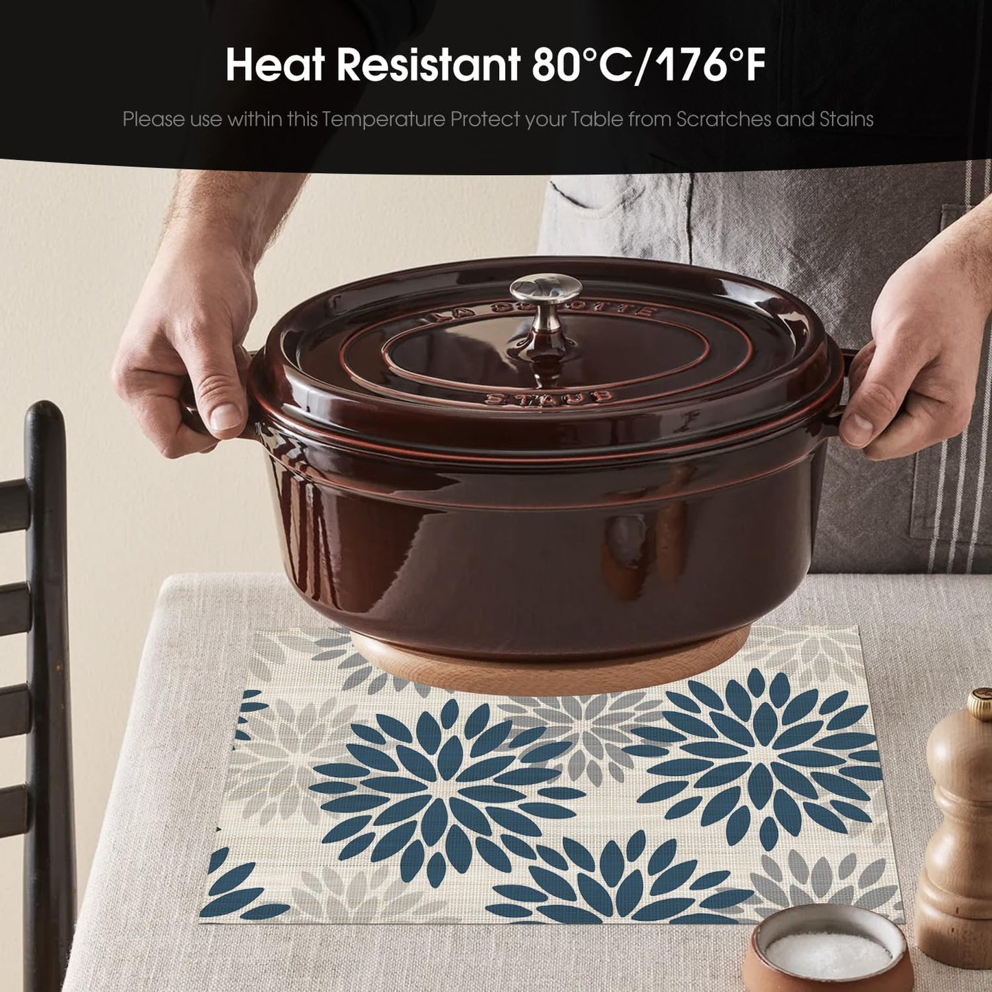 Artoid Mode Floral Vinyl Plistic Placemats Set of 6, Heat Resistant Washable Non-Slip PVC Place Mats for Party Kitchen Dining Decor, Blue Grey