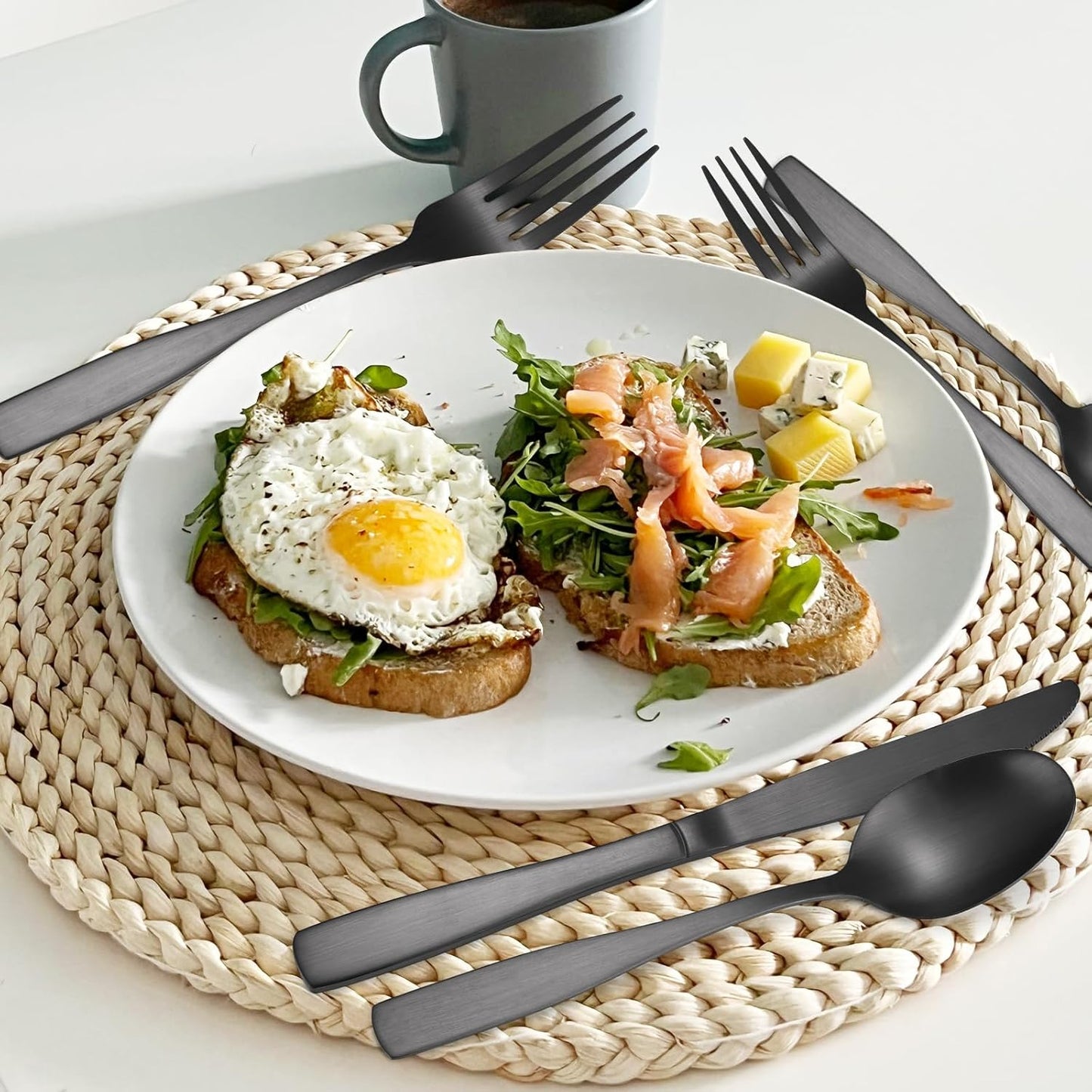 Black Matte Flatware With Square Handle Stainless Steel Cutlery Set for 6 Modern Silverware 30 pieces Knives Forks and Spoons for Home Kitchen Utensils