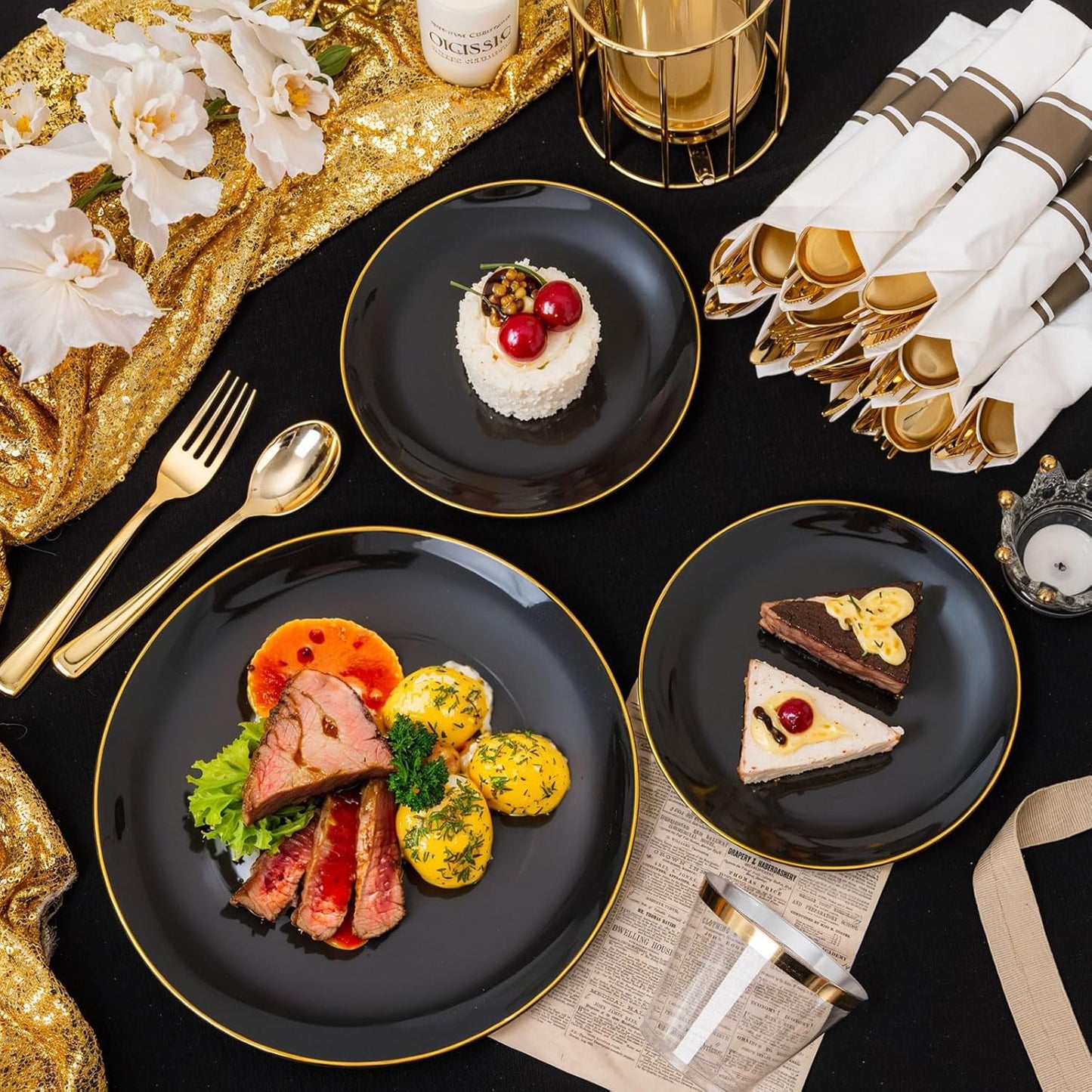 KIRE 175Pcs Black Plates Disposable - Heavy Duty Black and Gold Plastic Plates- 25 for Dinner 25 for Dessert 25 Pre Rolled Gold Silverware and 25 Cups for Birthday Party/Halloween/New Year