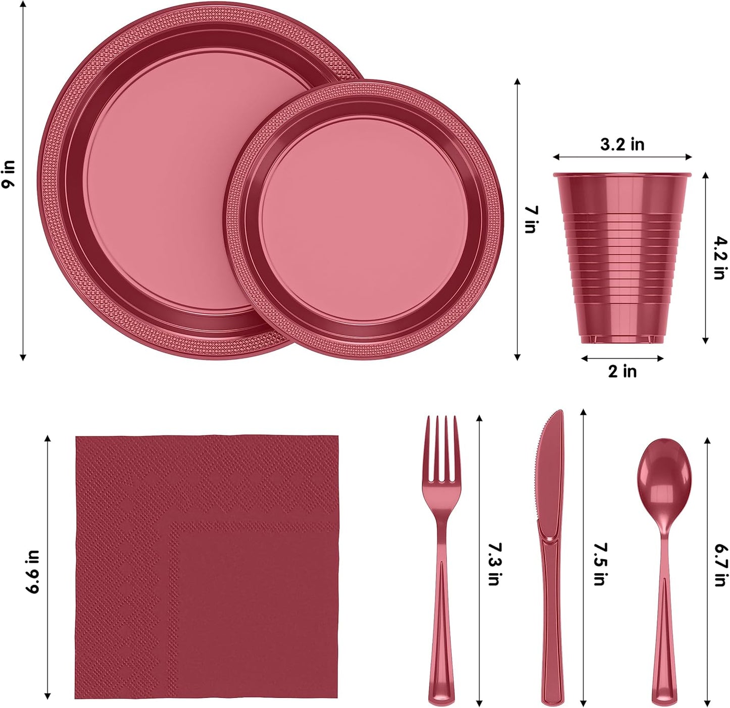 Party Solids 350 Pieces Burgundy Plastic Plates For Party, Burgundy Disposable Plates Set, 50 Of Each 9" Dinner Plate Set, 7" Dessert Plate, Cups, Napkins & Cutlery Plastic Dinnerware