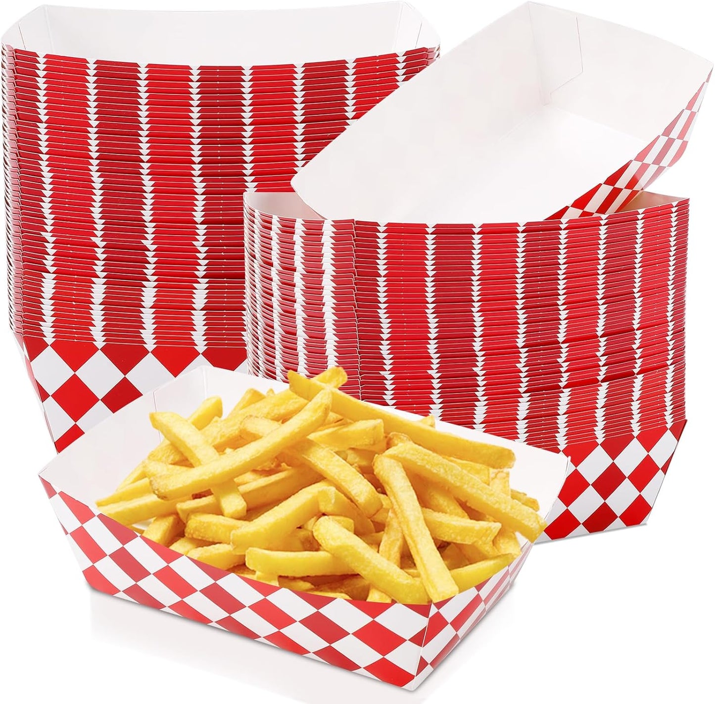 Blcculi 100 Pack Gingham Paper Food Trays,Disposable Paper Food Boat,Gingham Party Supplies,Snack Serving Trays for Nacho,French Fries,Popcorn,Hot Dog (Red + White)