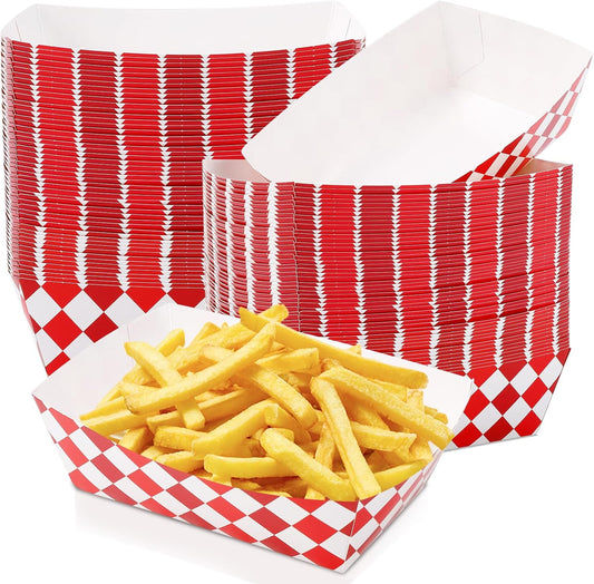 Blcculi 100 Pack Gingham Paper Food Trays,Disposable Paper Food Boat,Gingham Party Supplies,Snack Serving Trays for Nacho,French Fries,Popcorn,Hot Dog (Red + White)