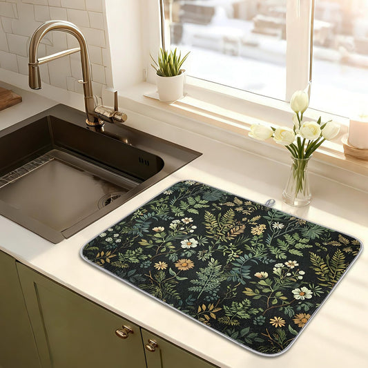 Dish Drying Mats for Kitchen - Green Leaves Wall Hanging Pad with Microfiber Fabric, Reusable Non-slip Absorbent Dishmats for Cook House Counter Coffee Bar Dining-tables, 18"x24"