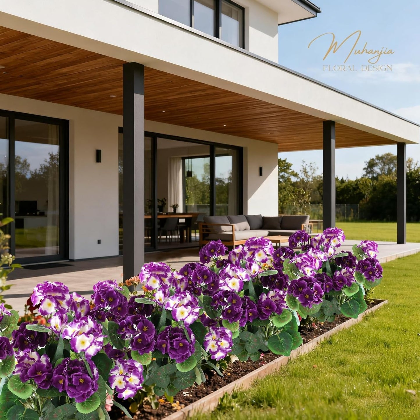 26’’ Artificial Geranium Flowers for Outdoor Decoration,2PCS Silk Geranium Flowers UV Resistant Floor Plants for Garden Porch Patio Table Centerpieces Home Decor (Dark&Light Purple)