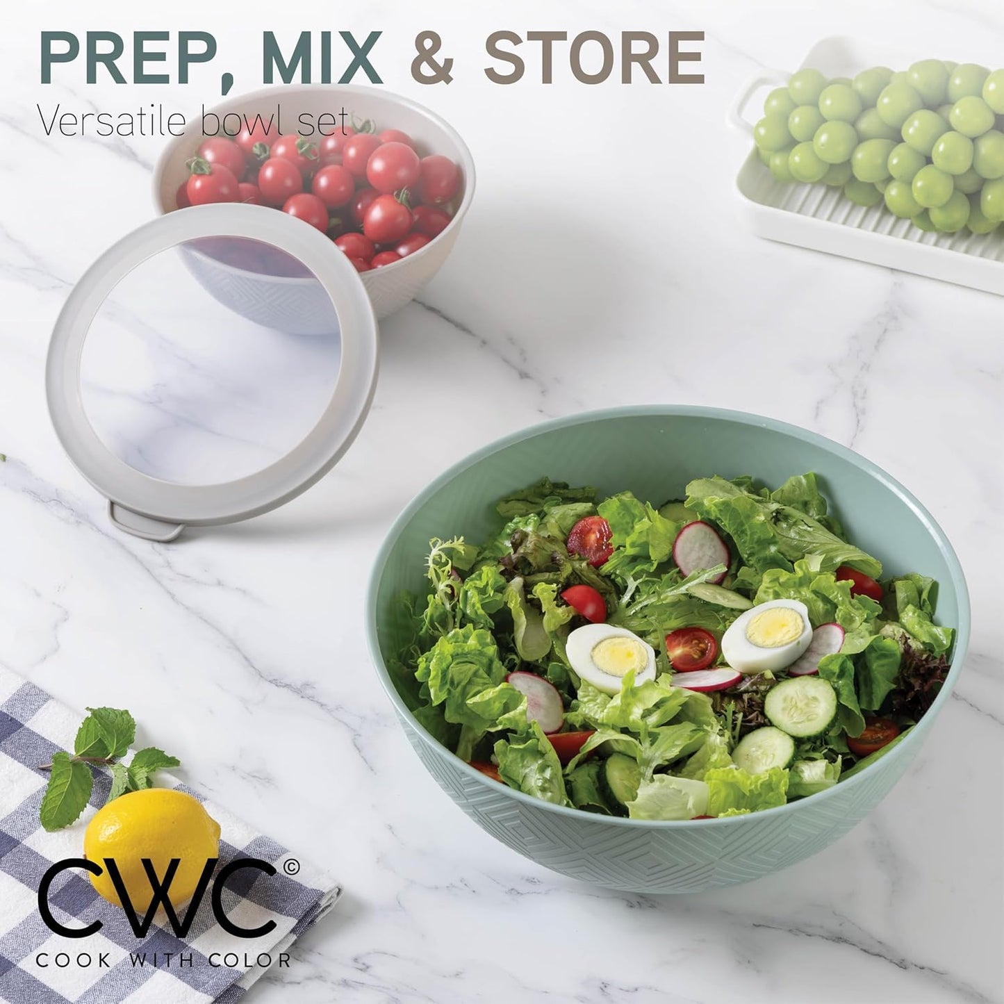 COOK WITH COLOR Mixing Bowls with Lids - 12 Piece Plastic Nesting Bowls Set includes 6 Prep Bowls and 6 Lids, Rhombus Design - Microwave Safe (Mint)