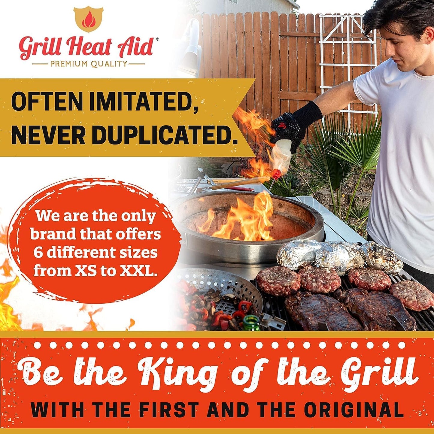 GRILL HEAT AID BBQ Grill Gloves 1472°F - Extreme Heat Resistant Oven Mitts for Grilling, Smoker & Fire Pit with Silicone Grip & EN407 Cut Resistance - Mid Cuff (Large Palm), Black