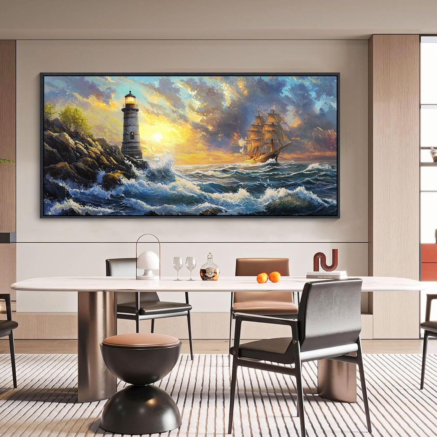 CHATYOUNG Large Wall Art Living Room, Ocean Sunrise Big Waves Framed Wall Pictures Beach Sailboat Lighthouse Landscape Canvas Paintings for Bedroom Dining Room Kitchen Office Home Decor 29x58 IN