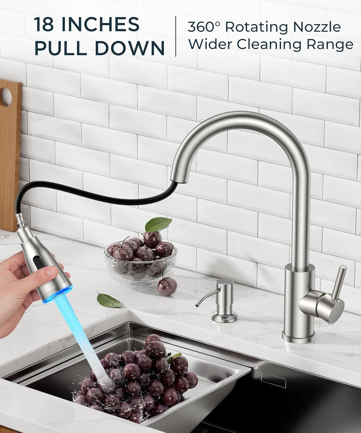 FORIOUS LED Kitchen Faucet with Soap Dispenser and Pull Down Sprayer, Brushed Nickel High Arc Single Handle 3 Modes Stainless Steel Bar Faucet for Kitchen Sink Wet Laundry Camper