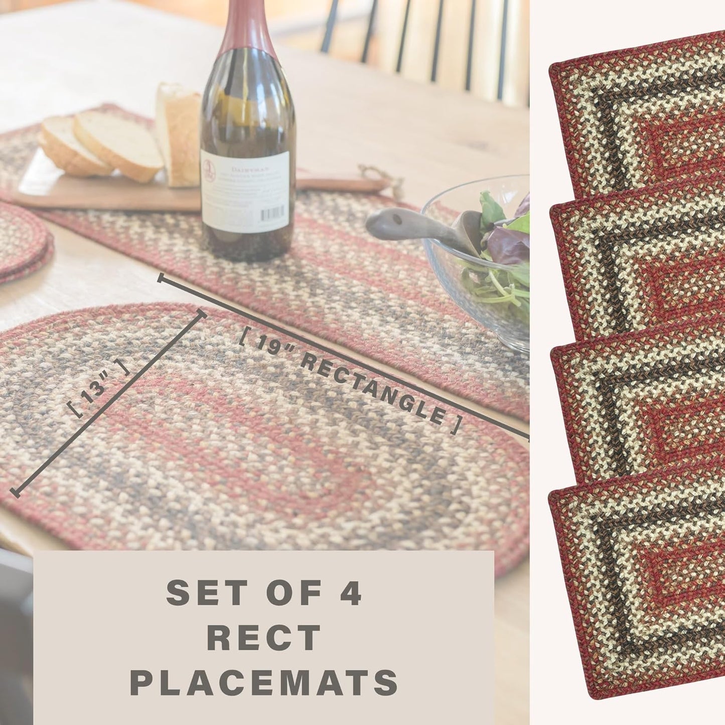 Homespice Chester Jute Woven Placemats, Warm Lodge and Cabin Decor, Set of 4, Red 13x19 Rectangle Table Mats - Vibrant Colors, Durable, Easy to Clean and Protects Furniture