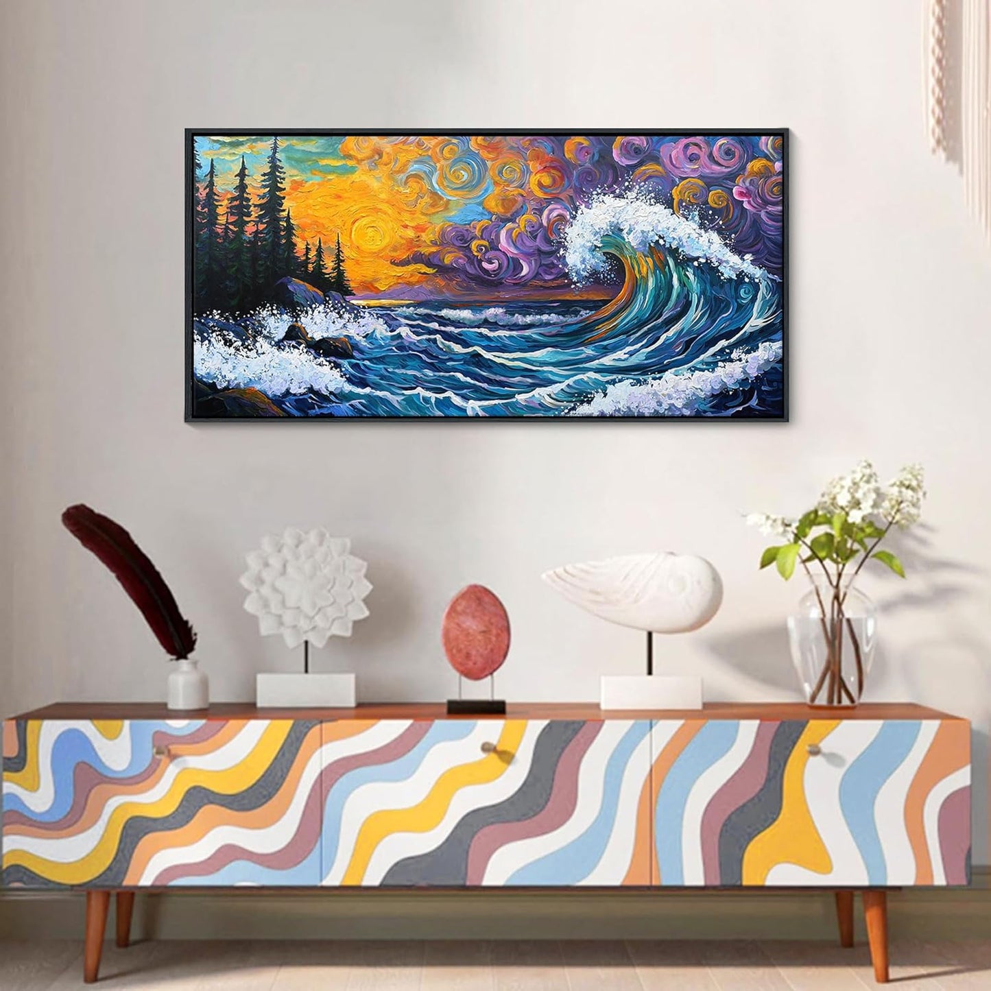 CHATYOUNG Vintage Framed Wall Art, Abstract Beach Waves Sunrise Landscape Van Gogh Style Canvas Paintings Modern Pictures Print Artwork for Living Room Bedroom Kitchen Office Home Wall Decor 20"X40"