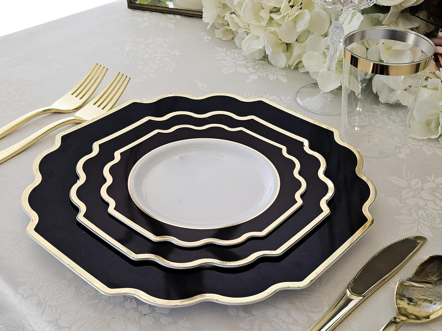 " OCCASIONS " 50 Plates Pack (25 Guests)-Heavyweight Wedding Party Disposable Plastic Plate Set -(25x10.5'' Dinner + 25x8'' Salad/dessert (Imperial in Black & Gold)