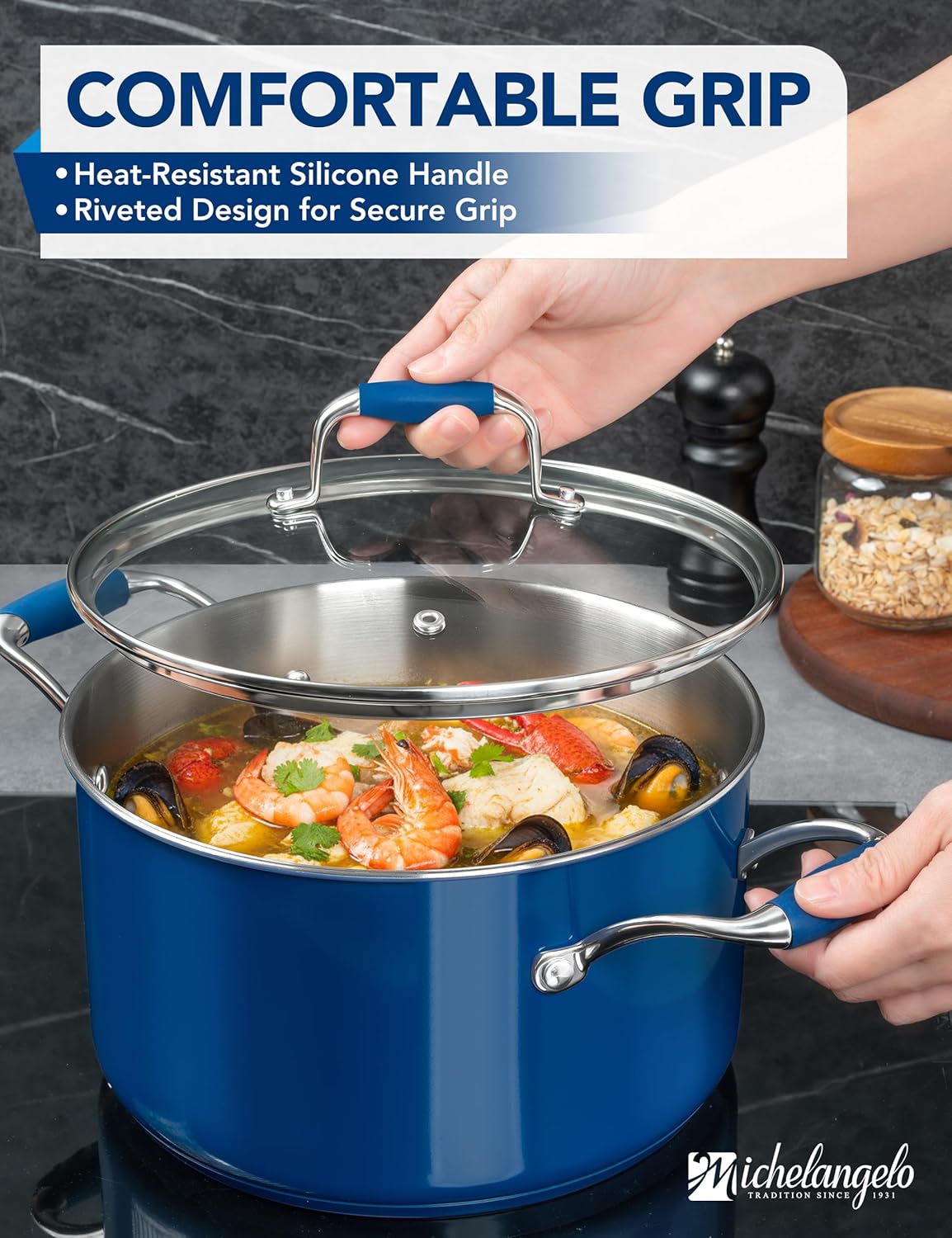 MICHELANGELO Stainless Steel Stock Pots - Induction Soup Pot with Lid, 6 Qt Non-Toxic Cooking Pot, Oven & Dishwasher Safe, Blue Exterior